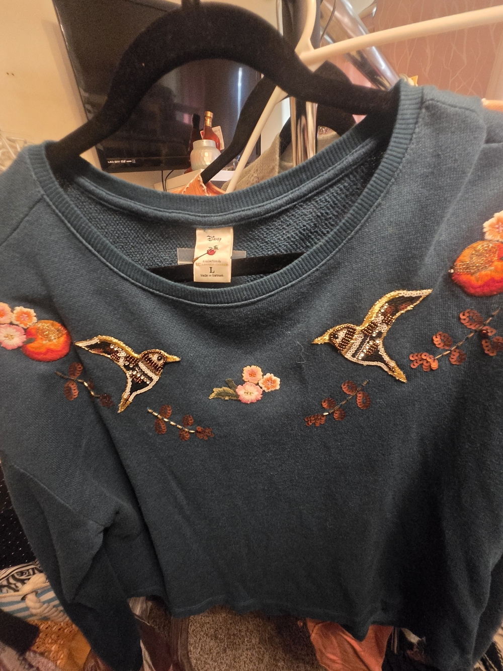 Disney Teal Crewneck Sweater with Embroidered Birds & Floral Accents